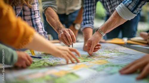 Civic leaders collaborating on masterplan for urban development community workshop outdoor setting