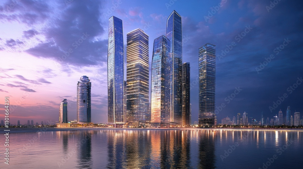 Obraz premium Energyefficient skyscrapers illuminated at night cityscape urban architecture reflection aesthetic appeal