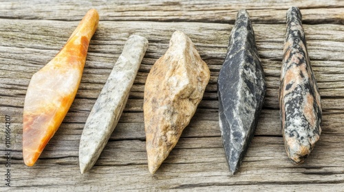 Close-up of ancient stone tools, sharp flint knives, and polished axes on a weathered wooden surface, symbolizing prehistoric craftsmanship and the dawn of human ingenuity photo