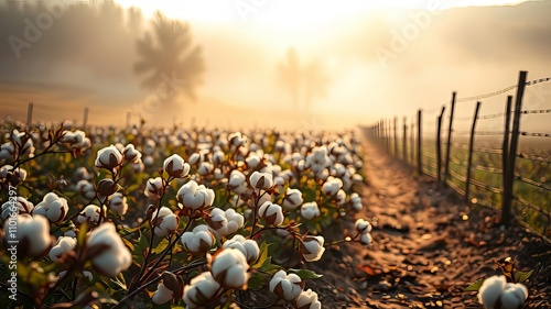 Deep focus captures the meticulous cotton harvest, a sun-dappled field. photo