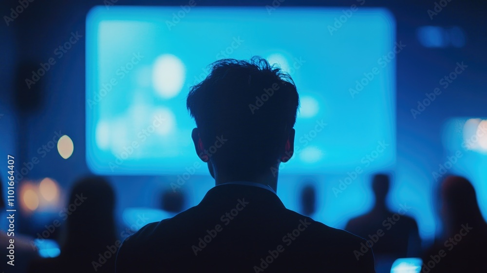 Individual watching a speaker at a blurred business conference, illuminated by blue screen projections and surrounded by an attentive audience. Individual watching a speaker at a blurred business conference, illuminated by blue screen projections and surrounded by an attentive audience.
