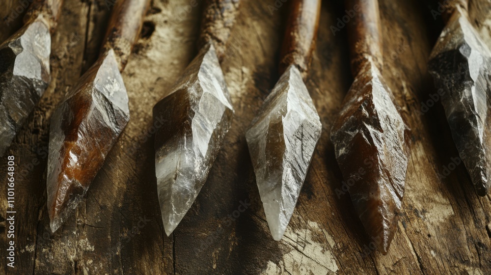 Close-up of ancient stone tools, sharp flint knives, and polished axes on a weathered wooden surface, symbolizing prehistoric craftsmanship and the dawn of human ingenuity. Close-up of ancient stone tools, sharp flint knives, and polished axes on a weathered wooden surface, symbolizing prehistoric craftsmanship and the dawn of human ingenuity.