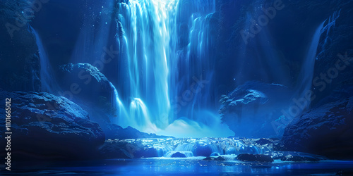 A serene blue waterfall cascading into a tranquil pool, surrounded by dark rocks and mist.