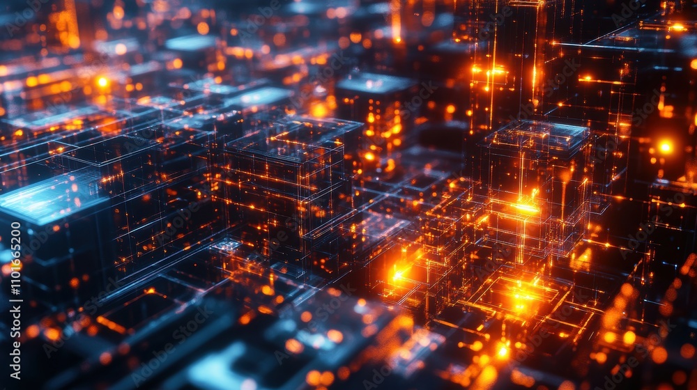 Obraz premium Abstract digital landscape with glowing data structures and vibrant lights.