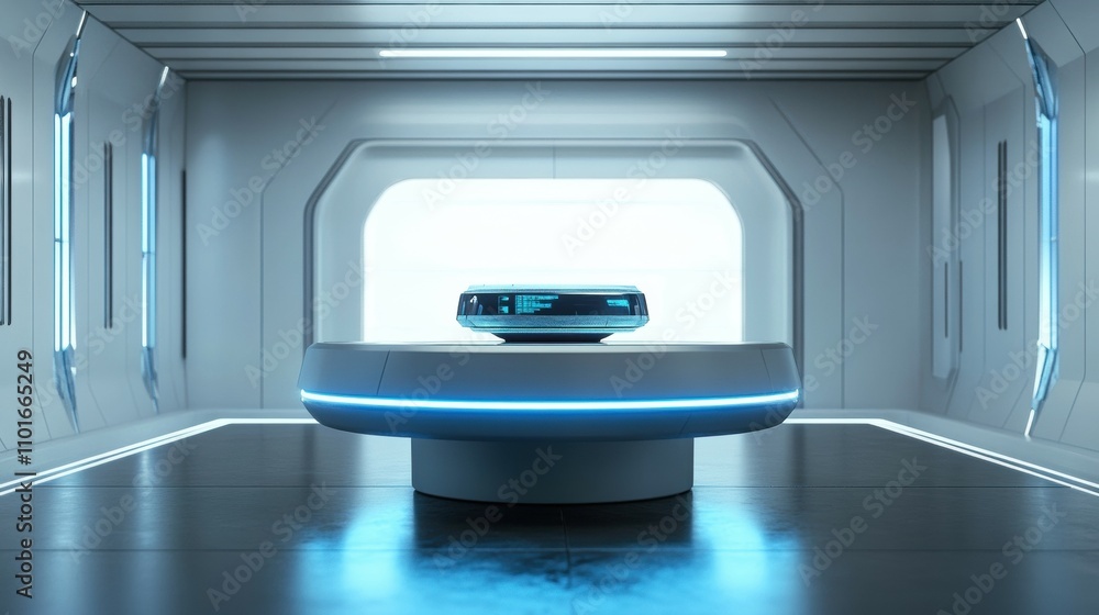 Showcasing a futuristic gadget on a pedestal in an innovative space environment Showcasing a futuristic gadget on a pedestal in an innovative space environment