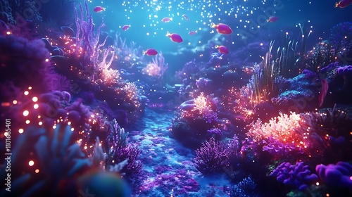 An underwater scene with glowing coral reefs, schools of fish, bioluminescent plantsand sparkling lights creating a magical New Year backdrop photo