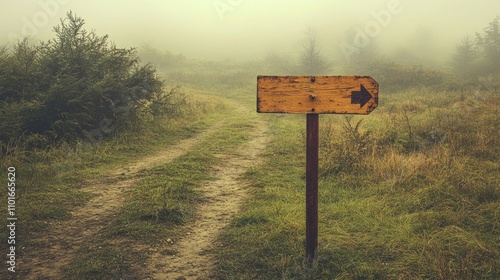 A foggy landscape with a wooden signpost directing to the right on a dirt path. photo