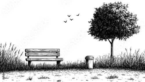 A vintage bench and trash can in the park depicted in a single, flowing line drawing.