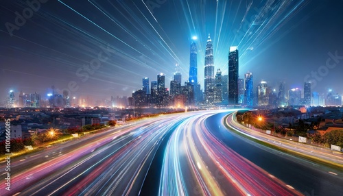 Vibrant Speed Light Trails in a Futuristic Smart Mega City with Towering Skyscrapers and Neon Illuminations Showcasing the Modern Metropolisâ€™ Energy and Innovation at Night