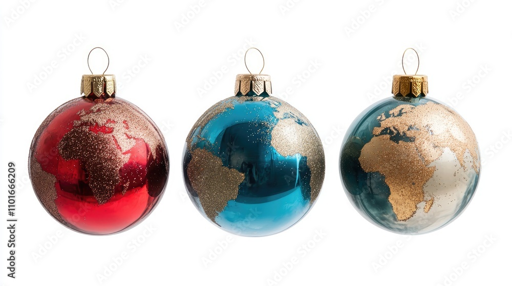 Globe-themed glass bauble ornaments in red, blue, and gold, perfect for holiday decorating and festive web banners. Ideal for seasonal displays. Globe-themed glass bauble ornaments in red, blue, and gold, perfect for holiday decorating and festive web banners. Ideal for seasonal displays.
