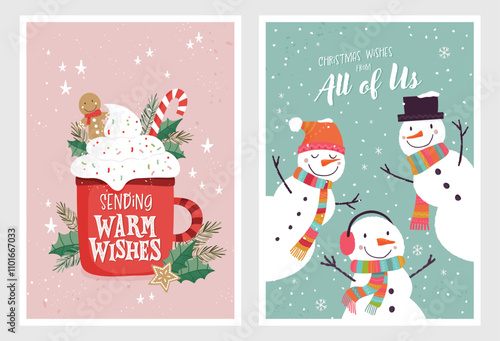 Lovely hand drawn christmas cards, cute design with hand lettering and lovely illustrations - vector design
