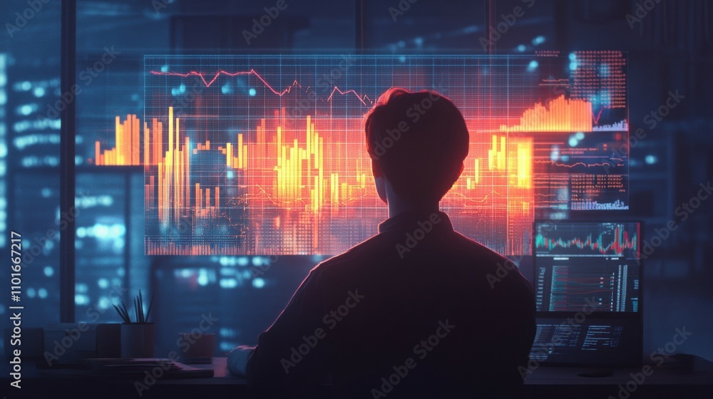 Financial analyst analyzing data in dim office environment with glowing charts and graphs Financial analyst analyzing data in dim office environment with glowing charts and graphs