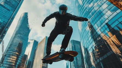 Futuristic hoverboard rider performing tricks in bustling cityscape urban lifestyle action shot