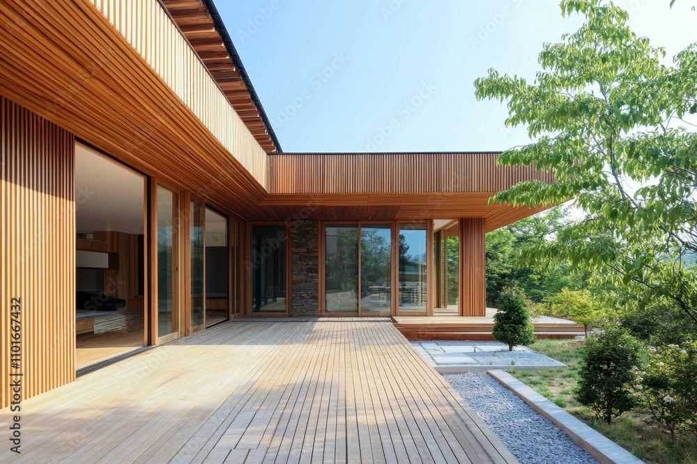 Modern wooden house, expansive deck, sunny day. Modern wooden house, expansive deck, sunny day.