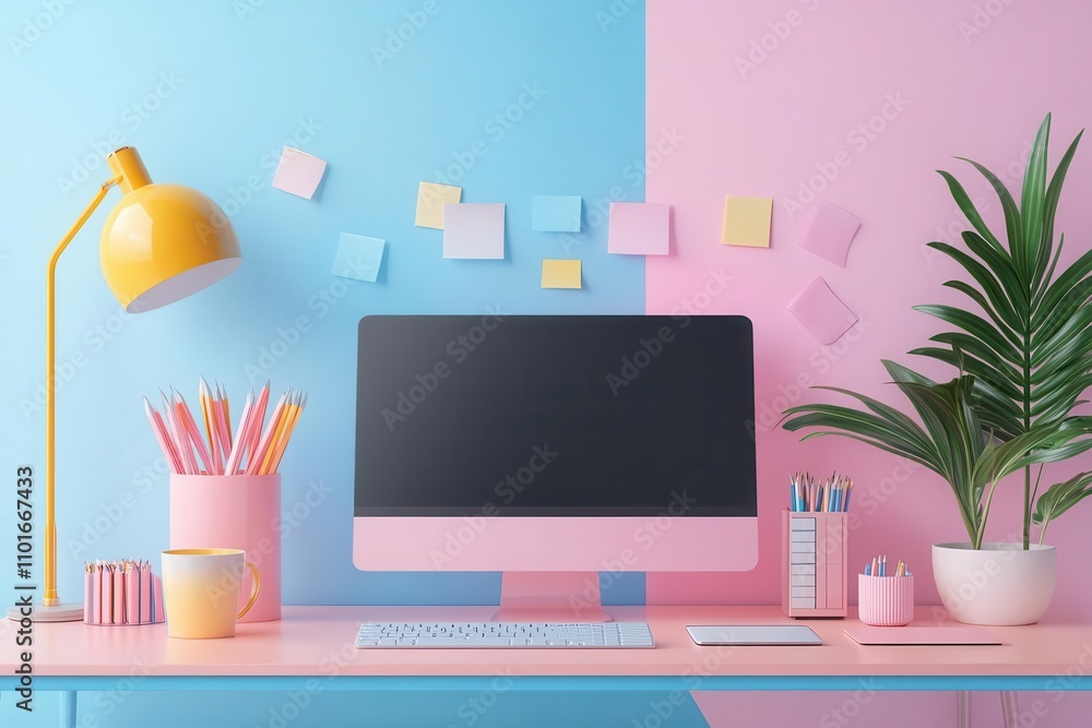 A vibrant workspace featuring a pink and blue color scheme, a computer, stationery, and plants, creating a cheerful and organized atmosphere. A vibrant workspace featuring a pink and blue color scheme, a computer, stationery, and plants, creating a cheerful and organized atmosphere.