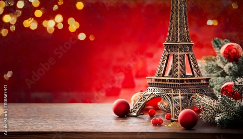 Merry Christmas and happy New Year background, golden theme, French vibe decoration background, Paris. photo