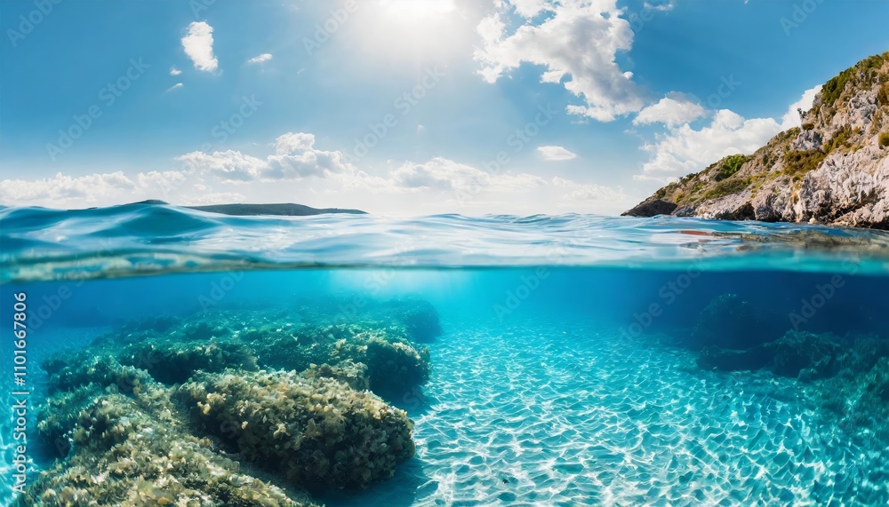 Breathtaking split underwater view showcasing a tranquil sea with crystal-clear waters beneath and a radiant sunny sky above, capturing the serene beauty of nature in perfect harmony. Breathtaking split underwater view showcasing a tranquil sea with crystal-clear waters beneath and a radiant sunny sky above, capturing the serene beauty of nature in perfect harmony.