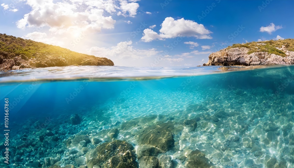 Breathtaking split view showcasing a sunny blue sky and a tranquil sea with crystal-clear underwater scenery, blending serenity above and beneath the waterline for a captivating visual Breathtaking split view showcasing a sunny blue sky and a tranquil sea with crystal-clear underwater scenery, blending serenity above and beneath the waterline for a captivating visual