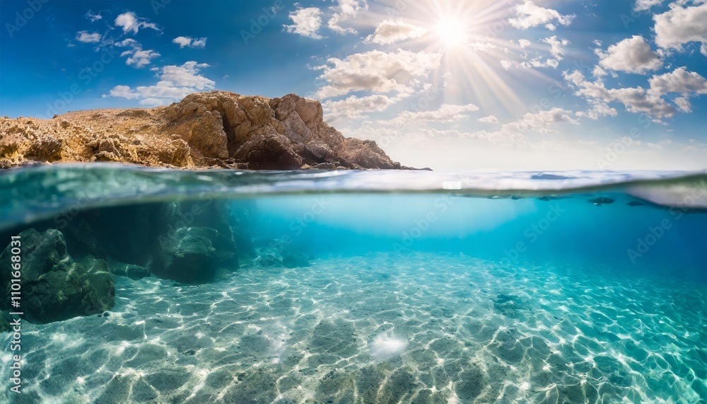 Breathtaking split underwater view showcasing a serene sea beneath a sunny sky, capturing the tranquil underwater world and radiant surface light with vibrant aquatic life and vivid colors. Breathtaking split underwater view showcasing a serene sea beneath a sunny sky, capturing the tranquil underwater world and radiant surface light with vibrant aquatic life and vivid colors.