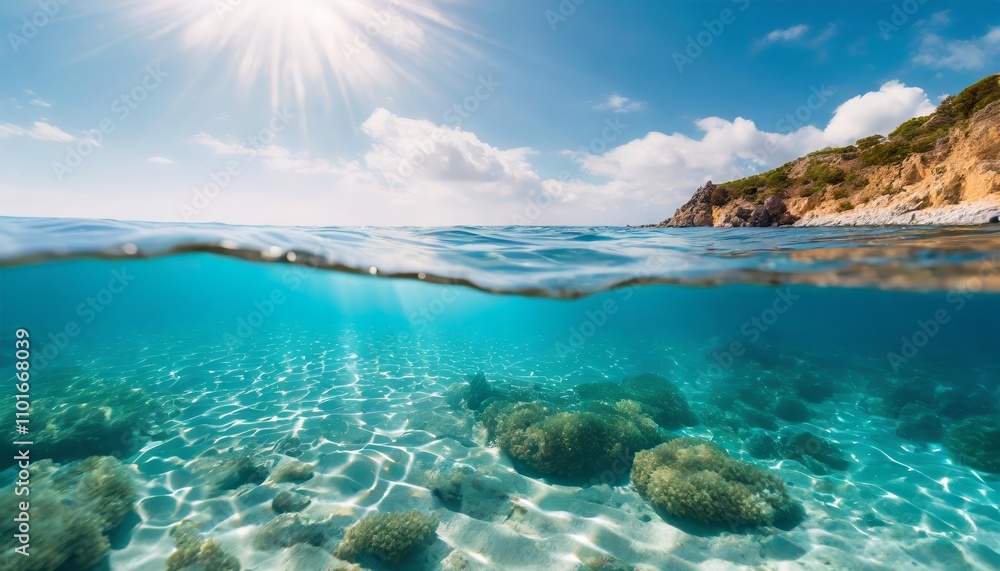 Split underwater view showcasing a serene sea beneath a radiant sunny sky, blending tranquil blue waters and vibrant sunlight in a captivating nature scene of tranquility and beauty. Split underwater view showcasing a serene sea beneath a radiant sunny sky, blending tranquil blue waters and vibrant sunlight in a captivating nature scene of tranquility and beauty.