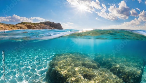 A breathtaking split underwater view capturing the vibrant marine life beneath a tranquil, crystal-clear sea and a sunny, blue sky above, blending the harmony of ocean depths with the