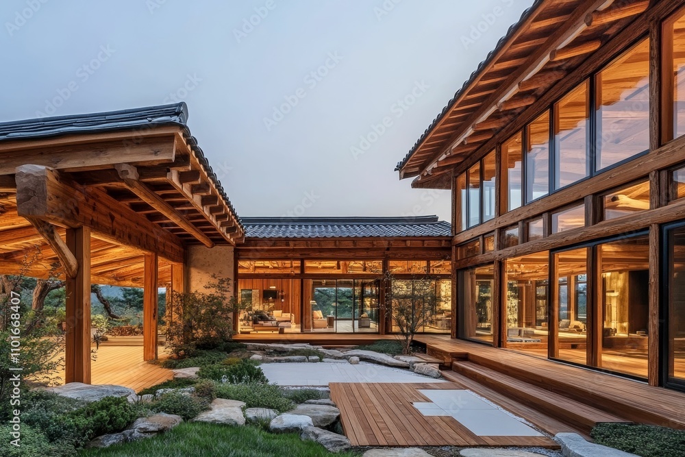 Modern Asian home, wooden deck, zen garden. Modern Asian home, wooden deck, zen garden.