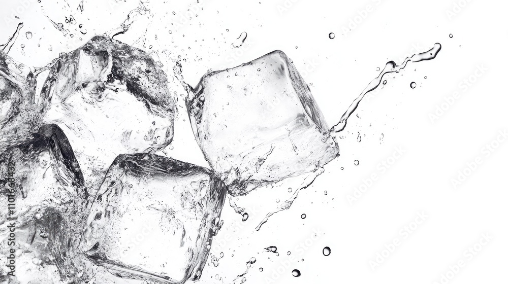 Crystal Clear Ice Cubes Surrounded by Dynamic Water Splashes and Droplets Against a Crisp White Background Crystal Clear Ice Cubes Surrounded by Dynamic Water Splashes and Droplets Against a Crisp White Background