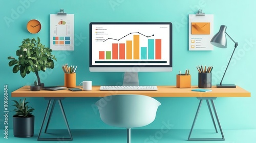 Wallpaper Mural A modern workspace featuring a computer displaying colorful graphs, a desk with plants, stationery, and wall art, all set against a bright turquoise background. Torontodigital.ca