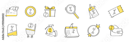 Doodle-style set of discount icons featuring hand-drawn percentage