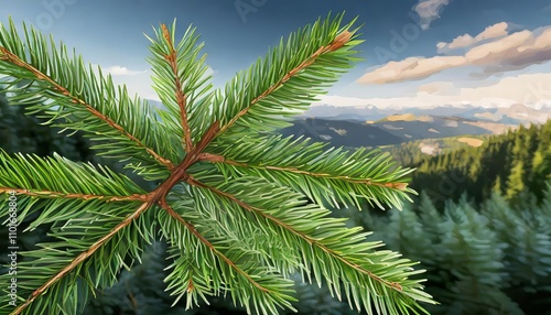 Spruce branch illustration featuring a vibrant green fir. A realistic Christmas tree design ideal for festive purposes, including holiday cards, New Year decorations, and seasonal artwork.