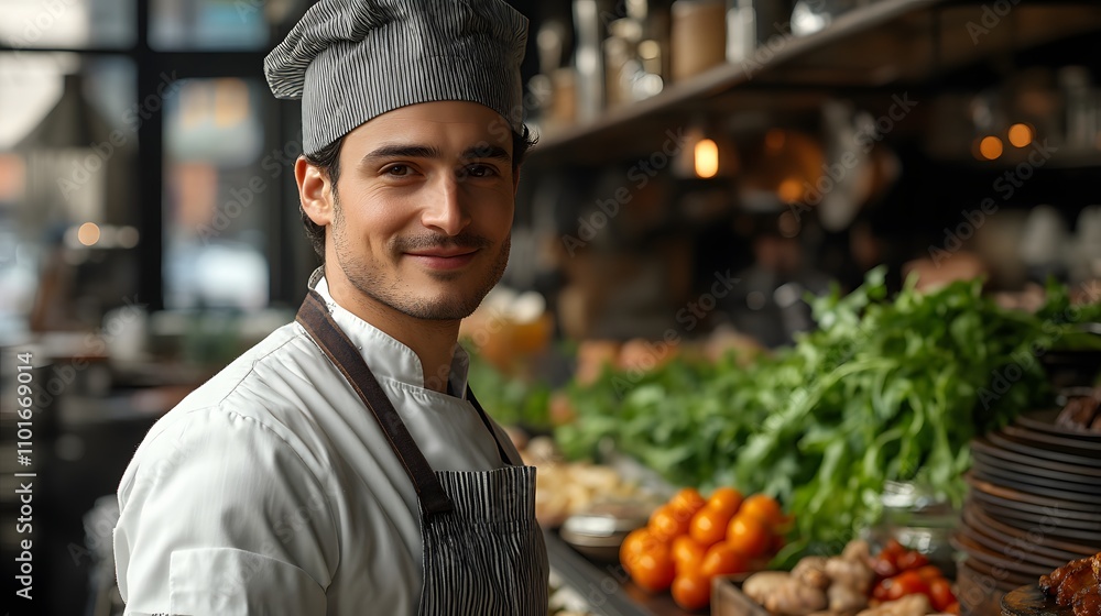Male chef in a kitchen filled with fresh produce, smiling confidently. Male chef in a kitchen filled with fresh produce, smiling confidently.