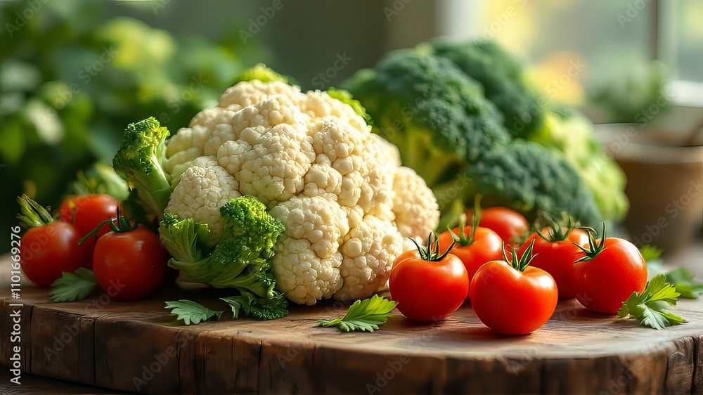 Long exposure captures a colorful still life: cauliflower, broccoli, tomatoes on wood. Long exposure captures a colorful still life: cauliflower, broccoli, tomatoes on wood.