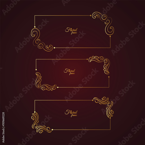 A blank red card with a golden frame on a dark background, Classic ornament frame element, Vintage border illustration gold elements.