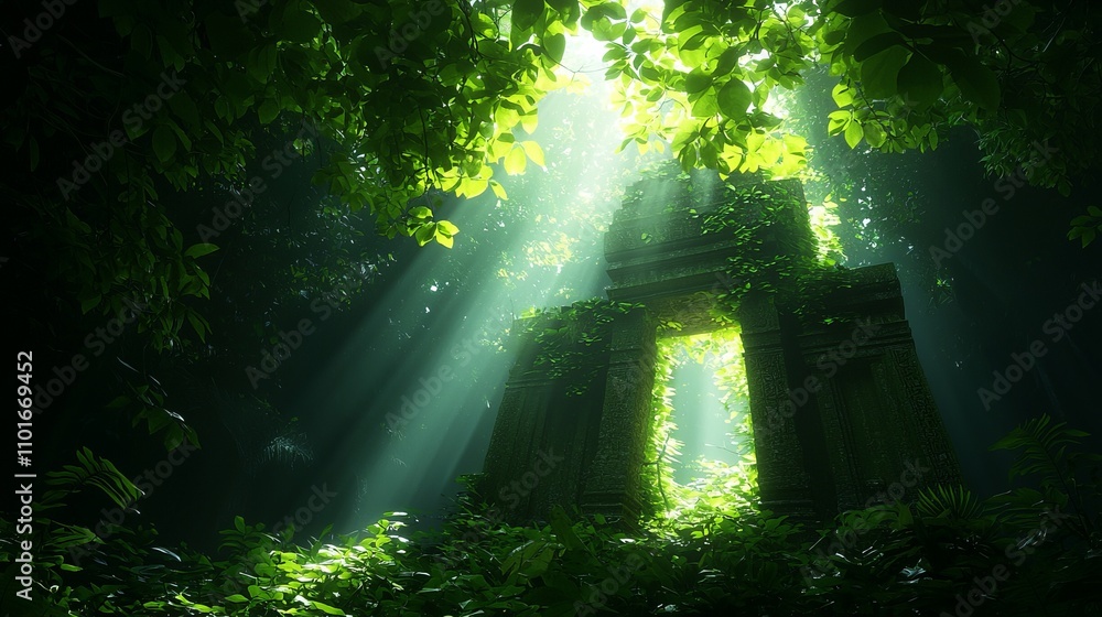 Obraz premium A serene scene of sunlight filtering through lush greenery, illuminating an ancient stone structure amidst dense foliage.