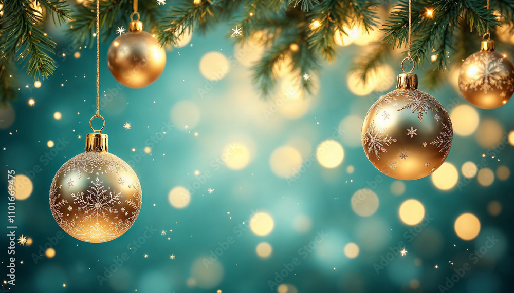 Decorative golden ornaments hanging from a tree branch surrounded by soft bokeh lights, creating a festive holiday atmosphere Decorative golden ornaments hanging from a tree branch surrounded by soft bokeh lights, creating a festive holiday atmosphere