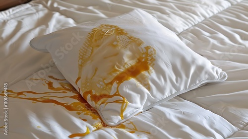 A white pillow on a bed stained with a yellow sauce, creating a messy and unkempt appearance. photo