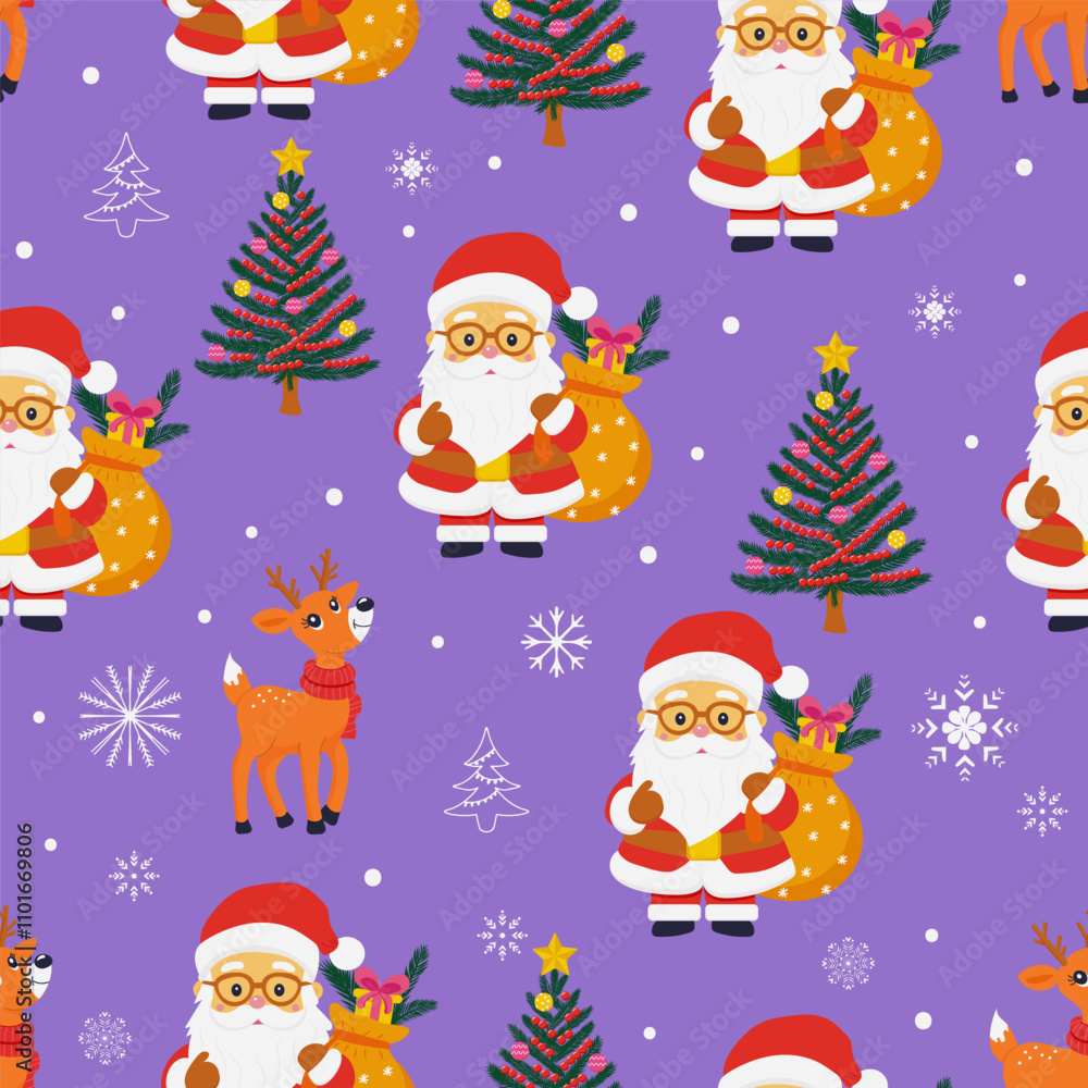 seamless Christmas pattern features Santa Claus with gift bags, decorated Christmas trees, cheerful reindeer, snowflakes, and festive doodles on a purple background. seamless Christmas pattern features Santa Claus with gift bags, decorated Christmas trees, cheerful reindeer, snowflakes, and festive doodles on a purple background.