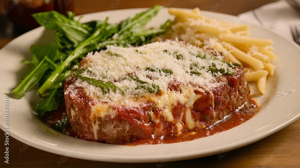 Delicious meatloaf with pasta and fresh greens on a white plate. Delicious meatloaf with pasta and fresh greens on a white plate.