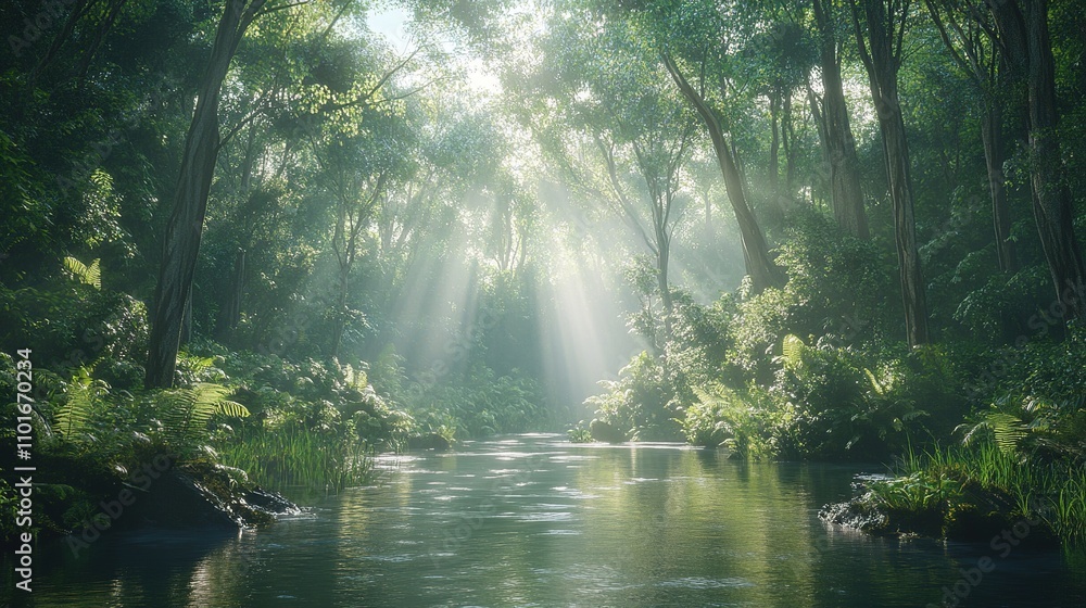 Mystical Forest Stream: Sunbeams pierce through a lush canopy, illuminating a tranquil stream winding its way through a vibrant rainforest, evoking a sense of peace and serenity. Mystical Forest Stream: Sunbeams pierce through a lush canopy, illuminating a tranquil stream winding its way through a vibrant rainforest, evoking a sense of peace and serenity.