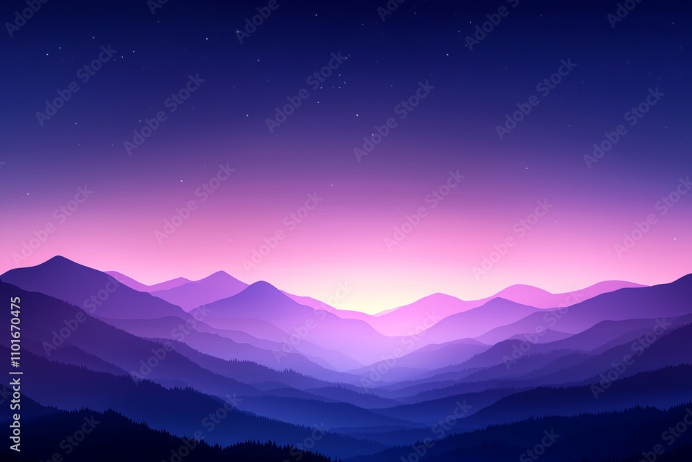 A serene landscape of layered mountains under a twilight sky, blending shades of purple and blue, creating a tranquil and mystical atmosphere. A serene landscape of layered mountains under a twilight sky, blending shades of purple and blue, creating a tranquil and mystical atmosphere.