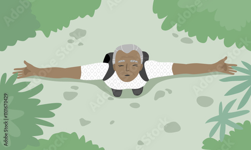 Top view of happy senior adult breathing fresh air in nature while hiking, flat vector illustration.