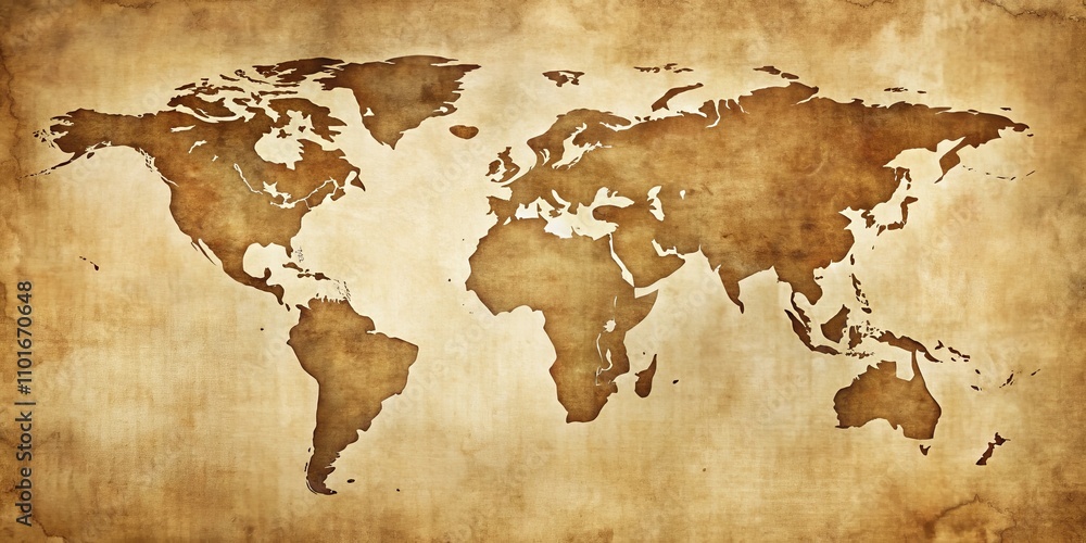 Fototapeta premium Antique World Map on Aged Parchment Paper Showing Continents