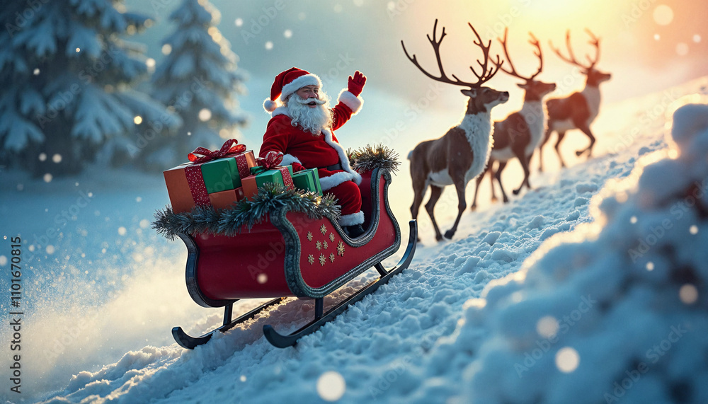 Santa Claus rides a sleigh with reindeer through a snowy landscape, delivering gifts during a festive winter evening Santa Claus rides a sleigh with reindeer through a snowy landscape, delivering gifts during a festive winter evening
