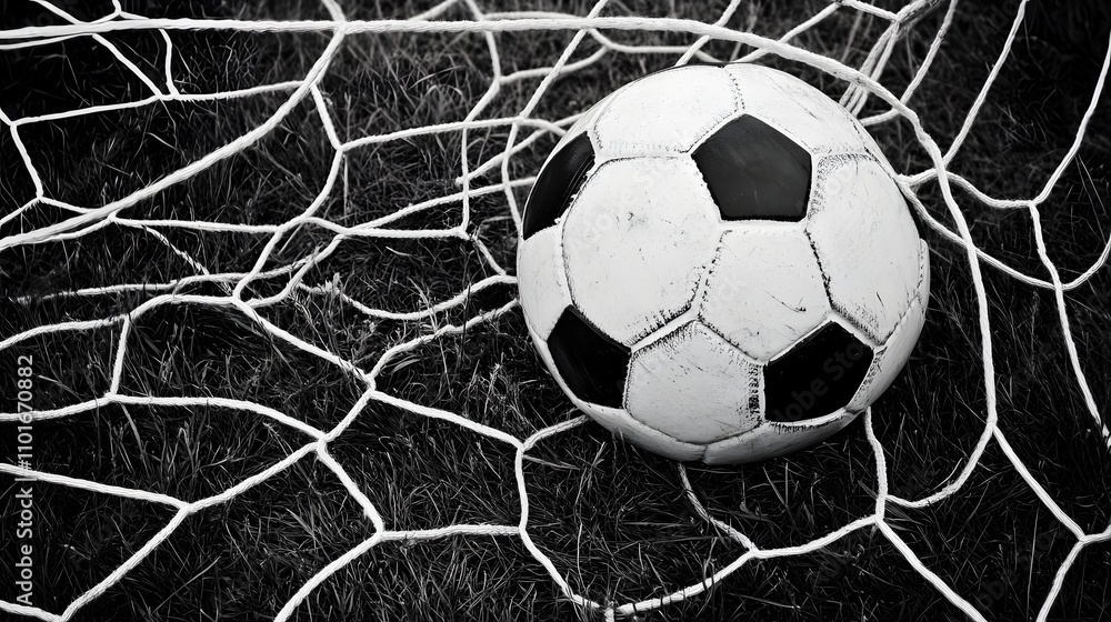 Naklejka premium Classic soccer ball nestled in a net on grassy field.