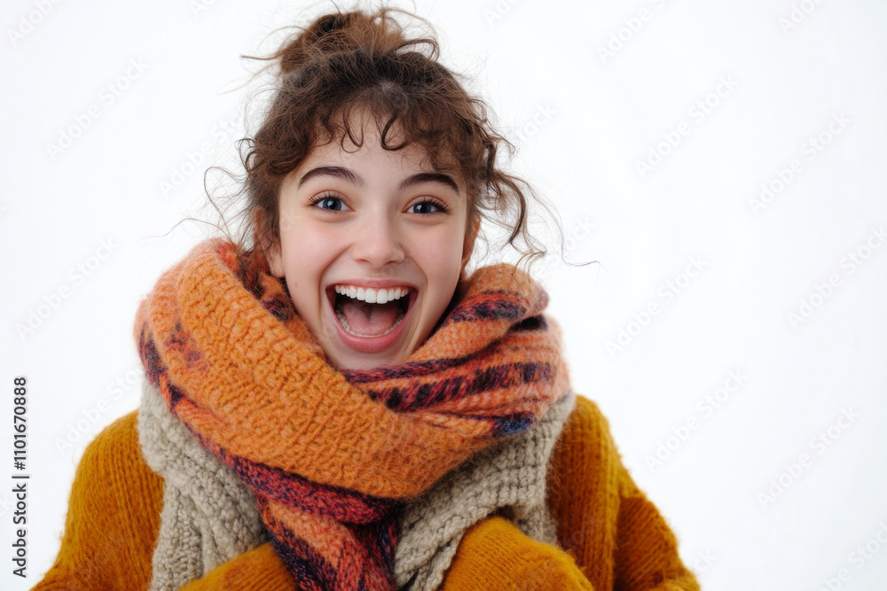 Joyful girl in warm winter clothes on isolated background Joyful girl in warm winter clothes on isolated background