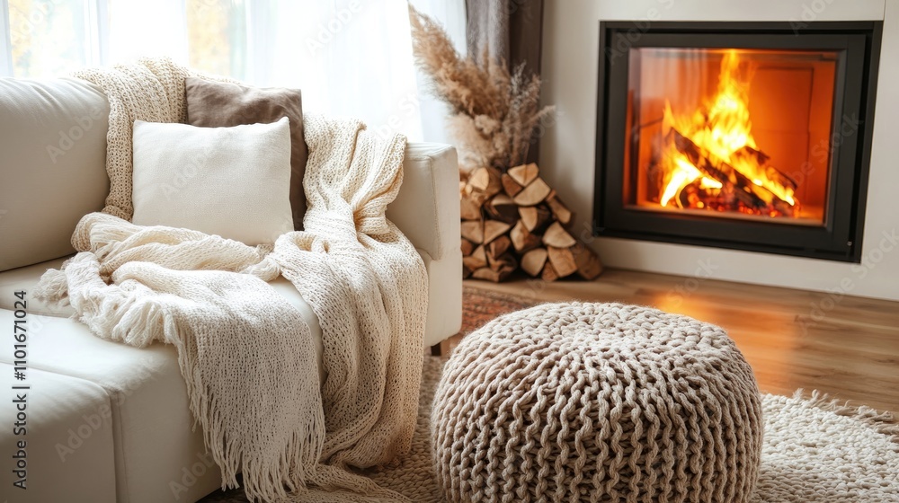 Warm and Inviting Living Room with Rattan Lounge Chair, Knitted Pouf, White Sofa, and Cozy Fireplace Emphasizing Scandinavian Hygge Style Warm and Inviting Living Room with Rattan Lounge Chair, Knitted Pouf, White Sofa, and Cozy Fireplace Emphasizing Scandinavian Hygge Style