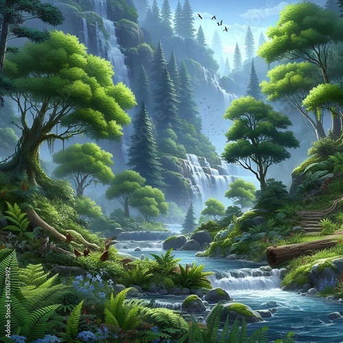 Waterfall cascades through lush green forest, a serene nature landscape