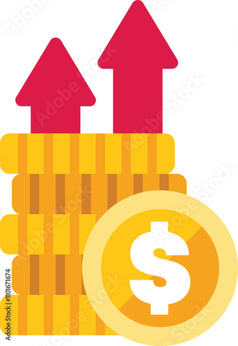 Stack of gold coins is getting taller as the red arrows pointing up show business growth