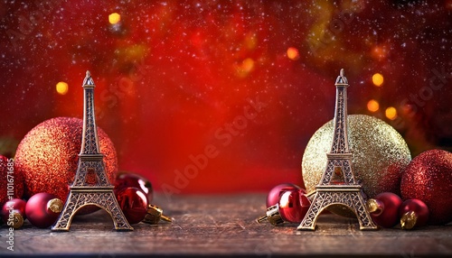 Merry Christmas and happy New Year background, golden theme, French vibe decoration background, Paris. photo