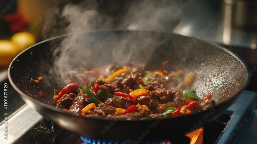 Beef Stir Fry with Colorful Mixed Vegetables Sizzling in a Wok on Stovetop with Steam Rising and Vibrant Colors Beef Stir Fry with Colorful Mixed Vegetables Sizzling in a Wok on Stovetop with Steam Rising and Vibrant Colors